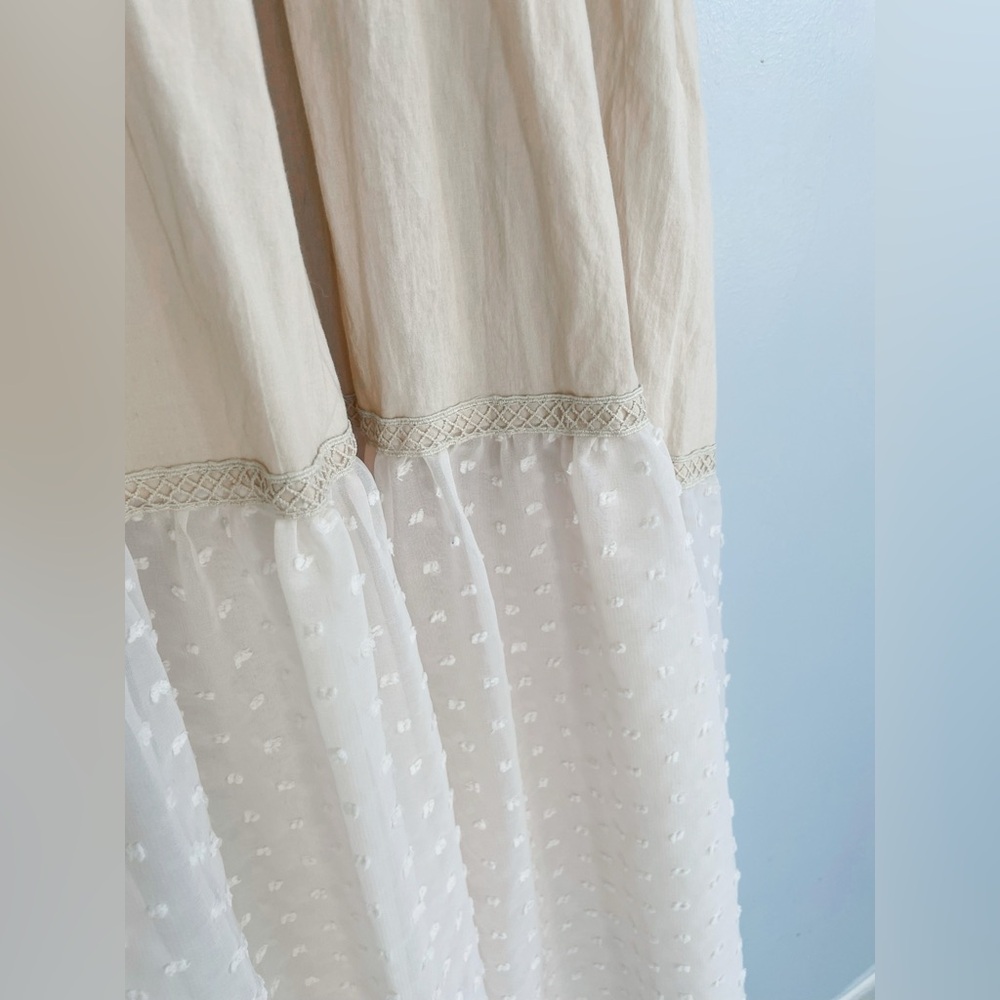 Prairie Cottagecore Tiered Overall Dress Beige Lace Trim Adjustable Straps M/L - Picture 4 of 8